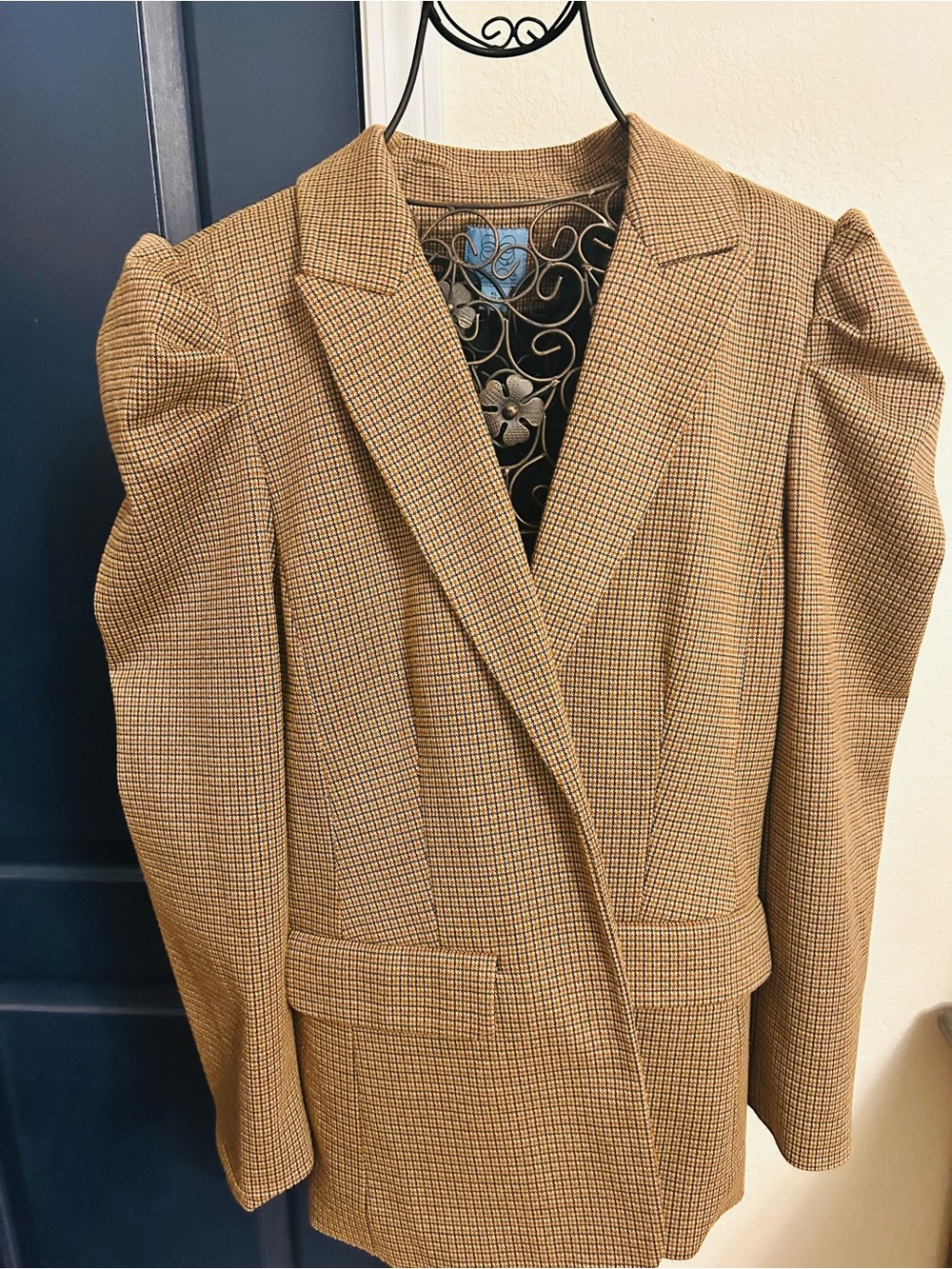 CeCe Tan & Brown Checked Puff-Shoulder Blazer and pants.